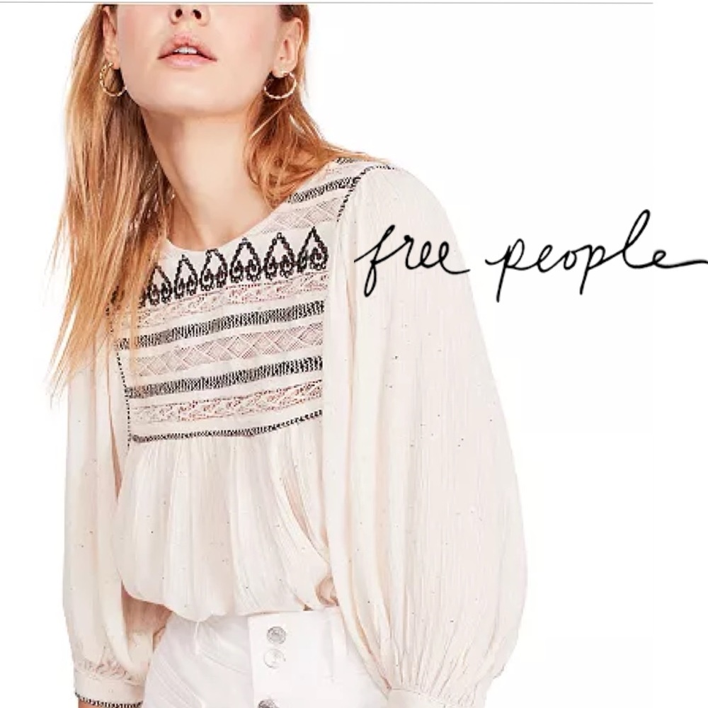 Free People Cyprus Ave Off White and Black Bohemian Embroidered Top Size Medium